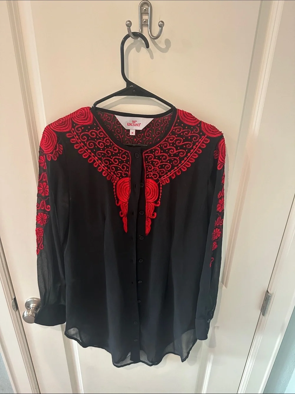 Kensie Black Blouse with Red Embroidered Yoke and Sleeve Detail